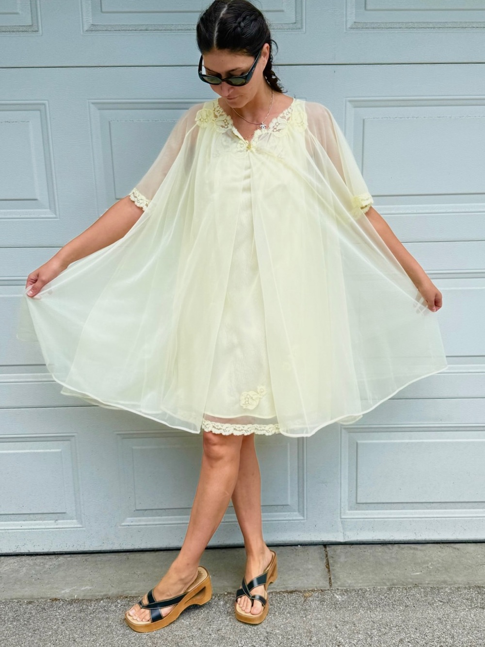 vintage Pale Yellow Peignoir Nightgown & Robe Set 60s Double Chiffon Kaiser Set